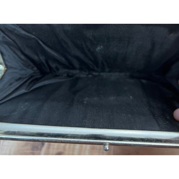 Silver Metallic Clutch Purse With Floral Clasp & Black Interior Lining - Picture 3 of 3